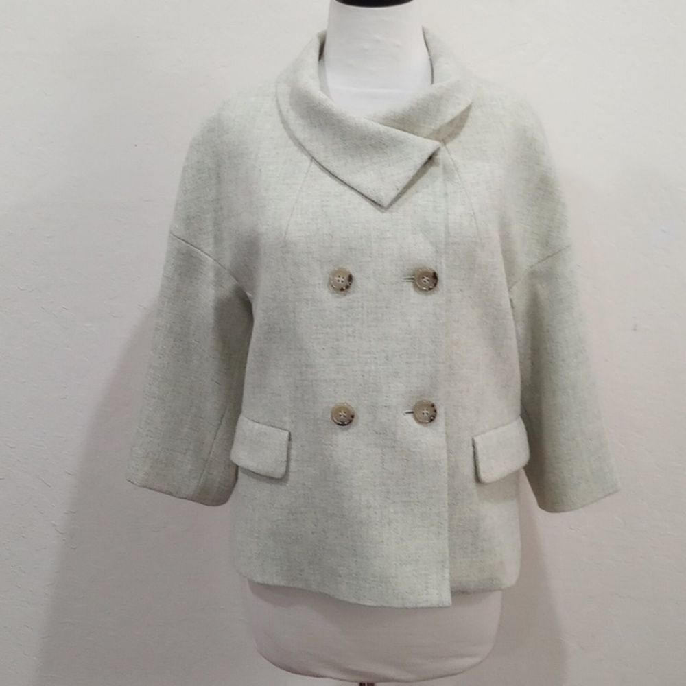 Talbots Cream Double Breasted Cropped Jackie O Style Tweed Wool Jacket 10P NWOT!